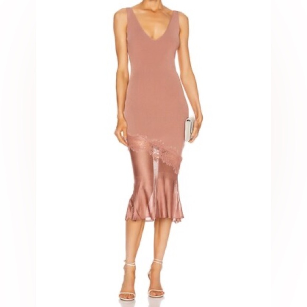 New Cushnie Sleeveless V Neck Knit Dress with Lace Detail-Size Medium-Rose Gold